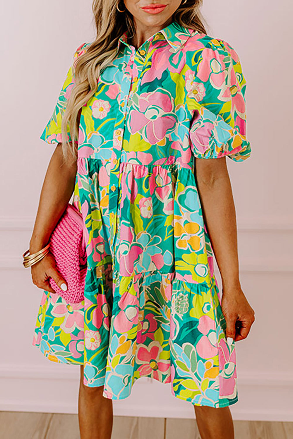 Melantha | Groene bloemenprint babydoll jurk met pofmouwen en kraag – Lichtgewicht zomerjurk