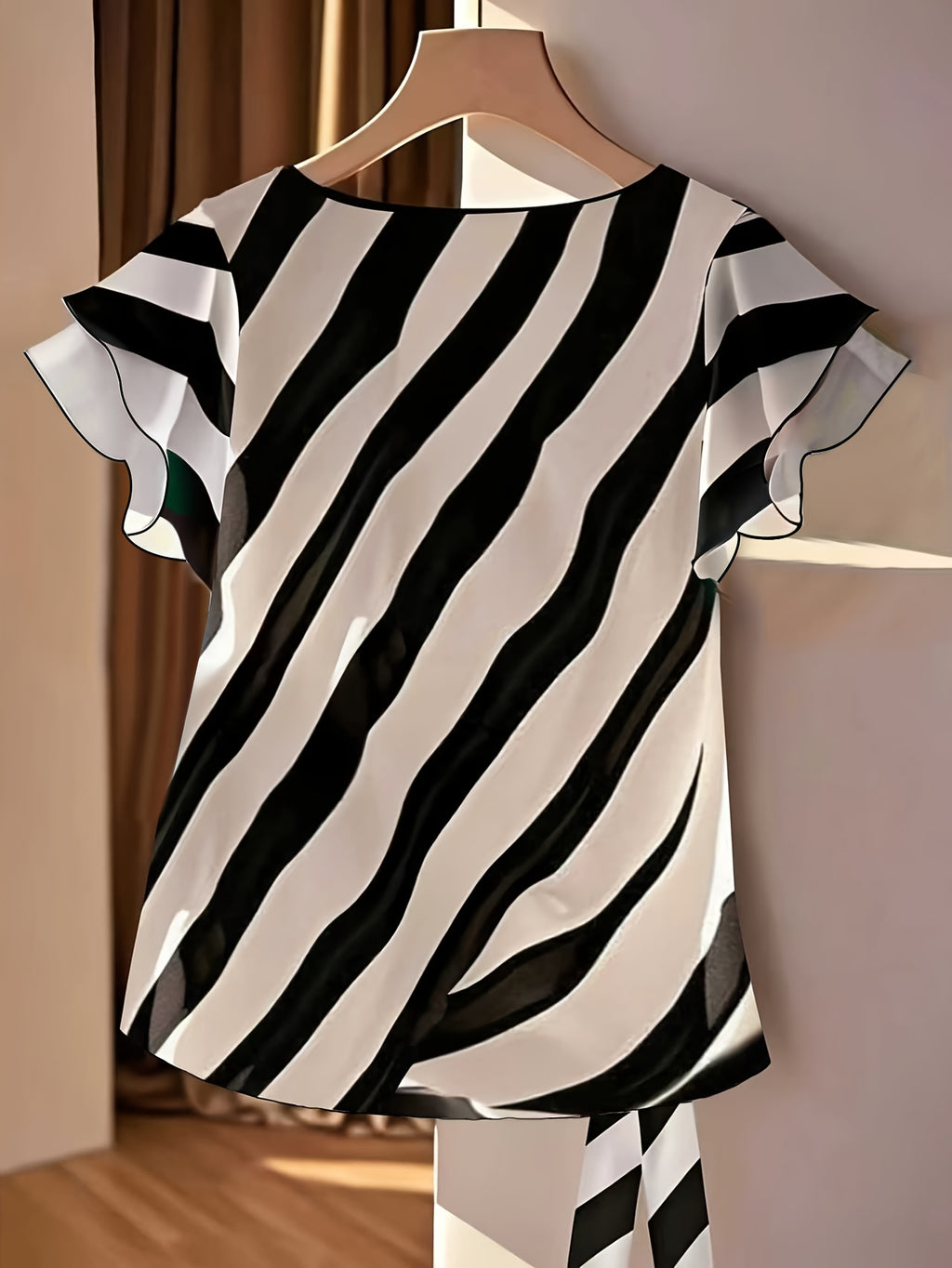 Jiya | Gestreepte zomerblouse voor dames met V-hals, strik in de taille en ruches aan de mouwen