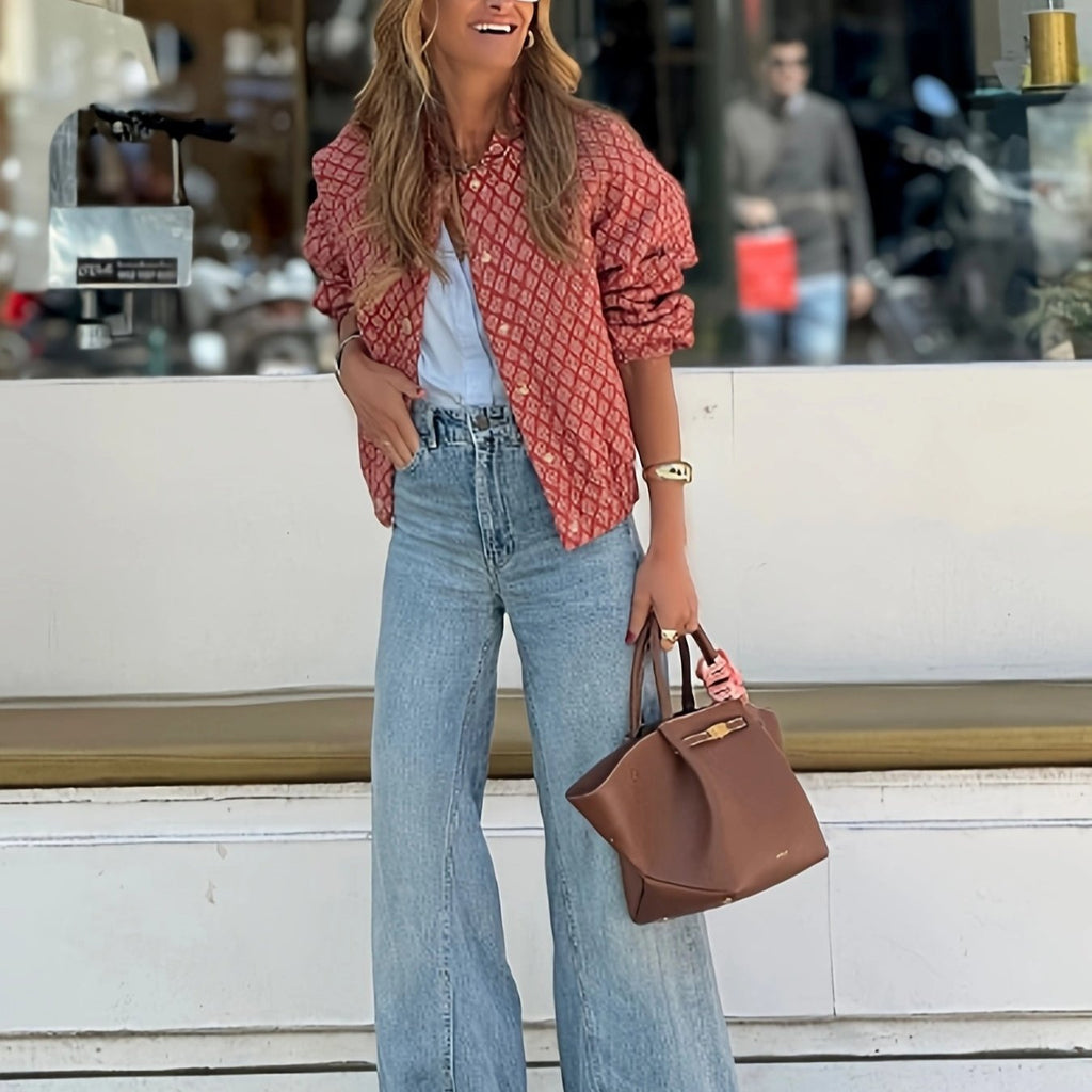 Delysia | Cardigan femme rétro chic à fleurs - rouge à boutons blancs, léger et décontracté