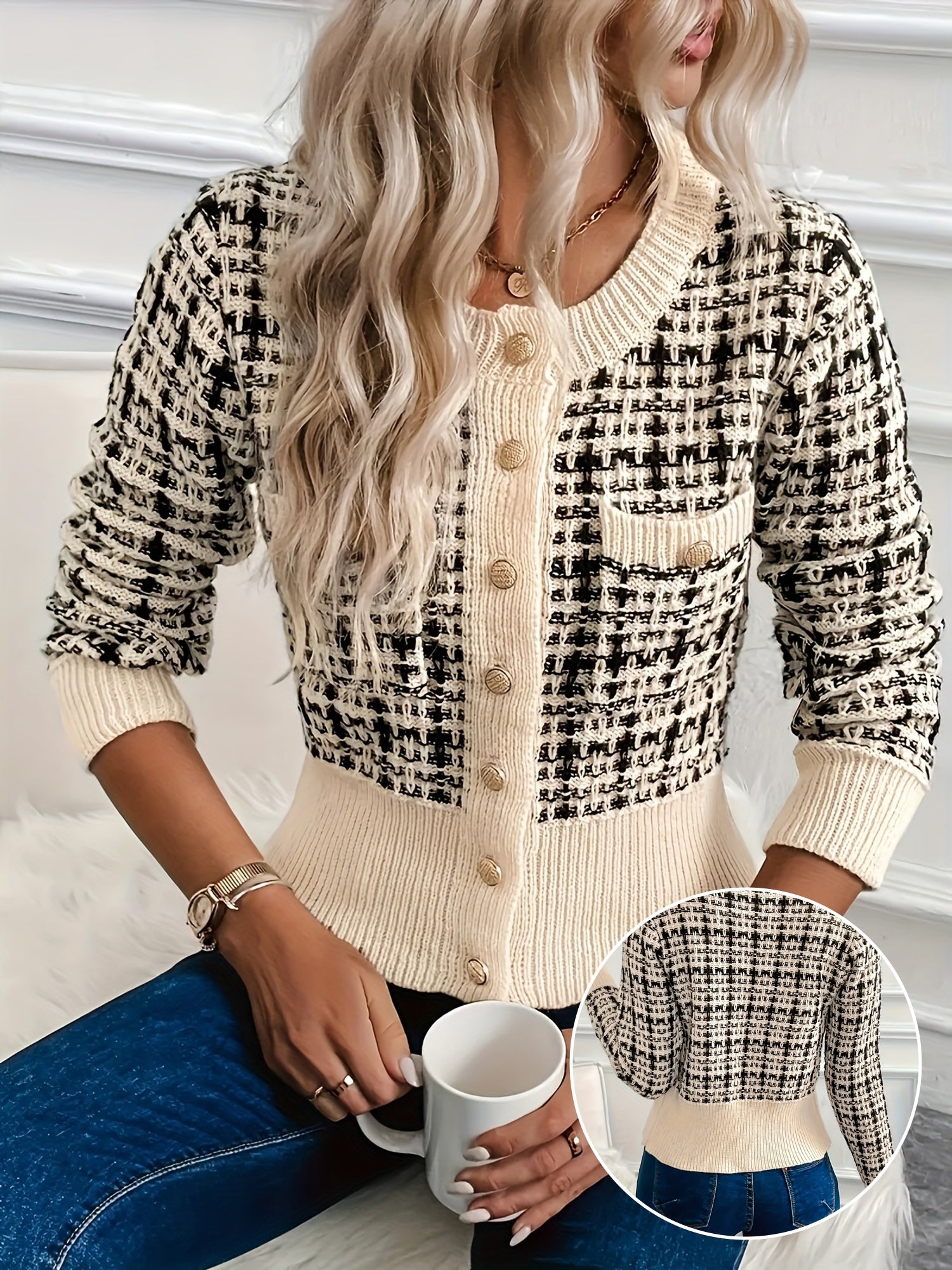 Rella | Dames Geruite Tweed Cardigan – Gebreid Vest met Knopen aan de Voorkant