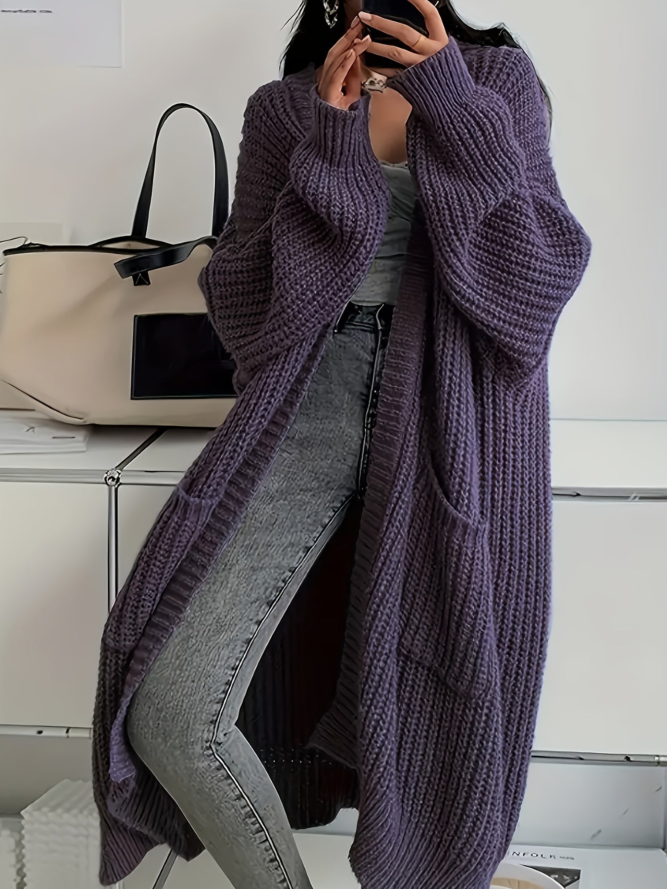 Myvessa | Langer Strickcardigan für Damen – offener, Oversize-Schnitt, lässiger Pullover für Herbst und Winter