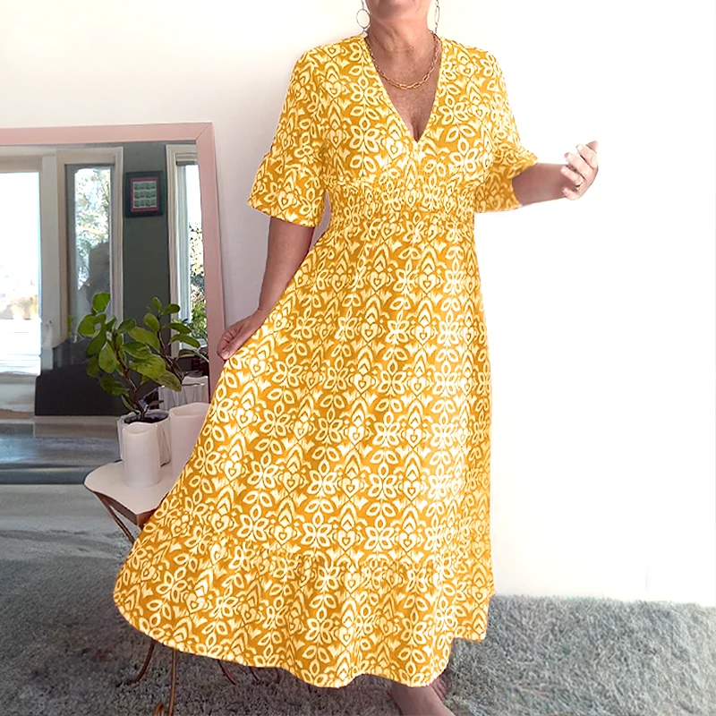 Arvexia | Vloeiende bohemian zomerjurk voor dames – Maxi met V-hals en bloemenprint