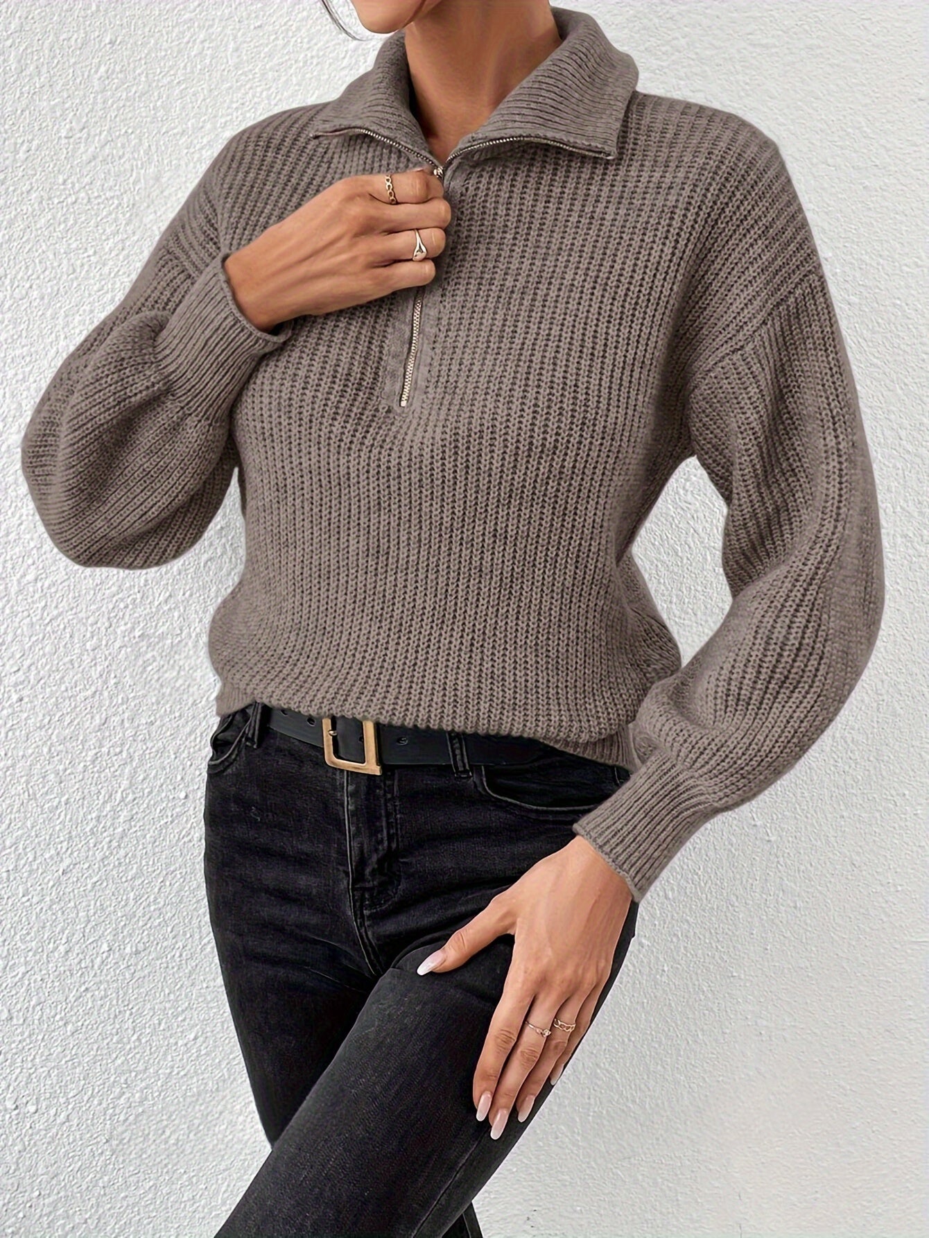 Berna | Dames trui met verlaagde schouders, V-hals en halve rits – Casual elegante