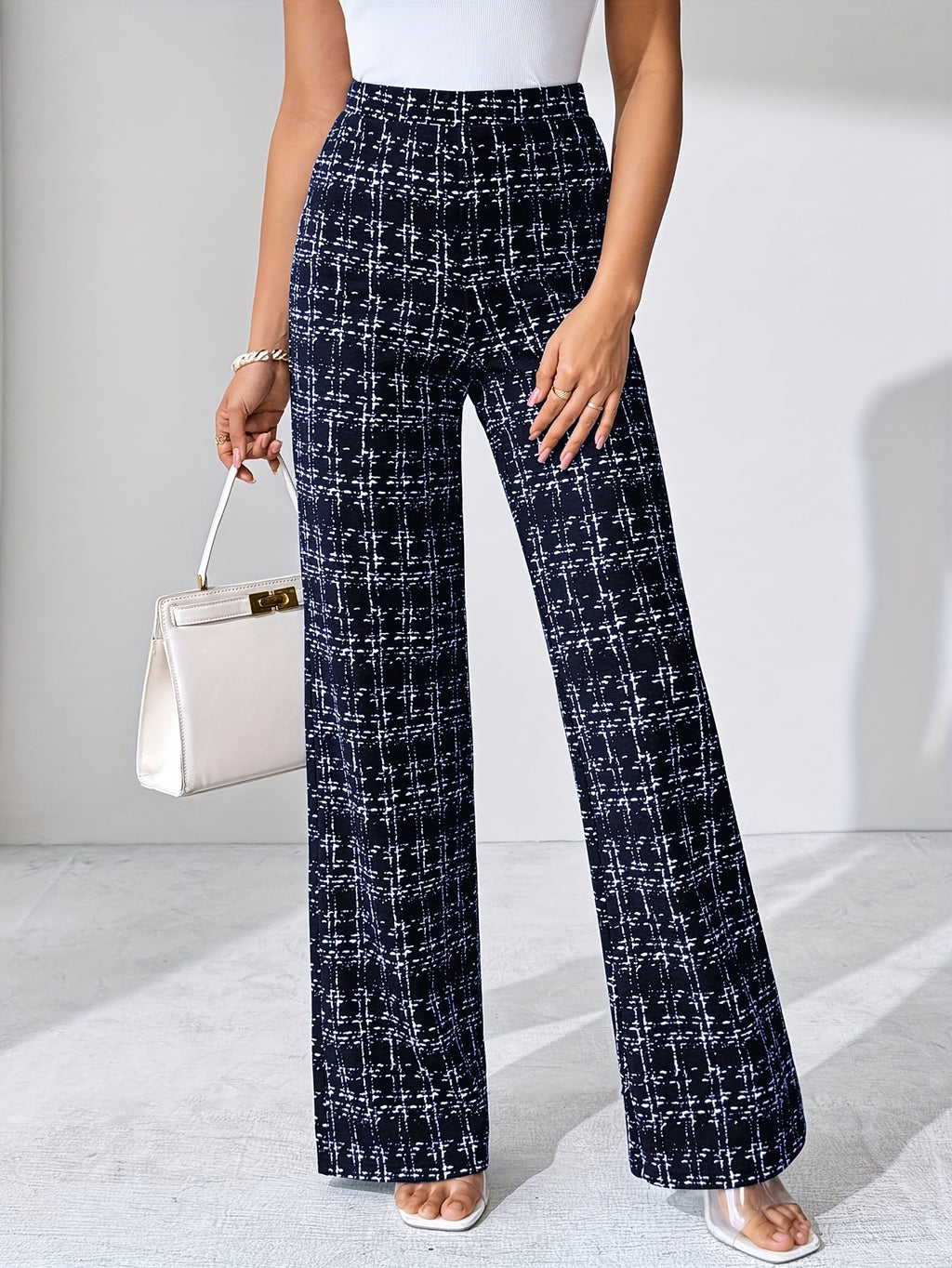 Laverna | Pantalon évasé en tweed à carreaux taille haute pour femme – Pantalon décontracté et extensible à jambes larges