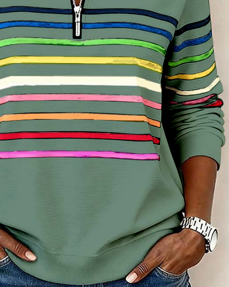 Vayen | Regenboogstreep sweatshirt met halve rits voor dames – Casual pullover, trendy kleurrijke top