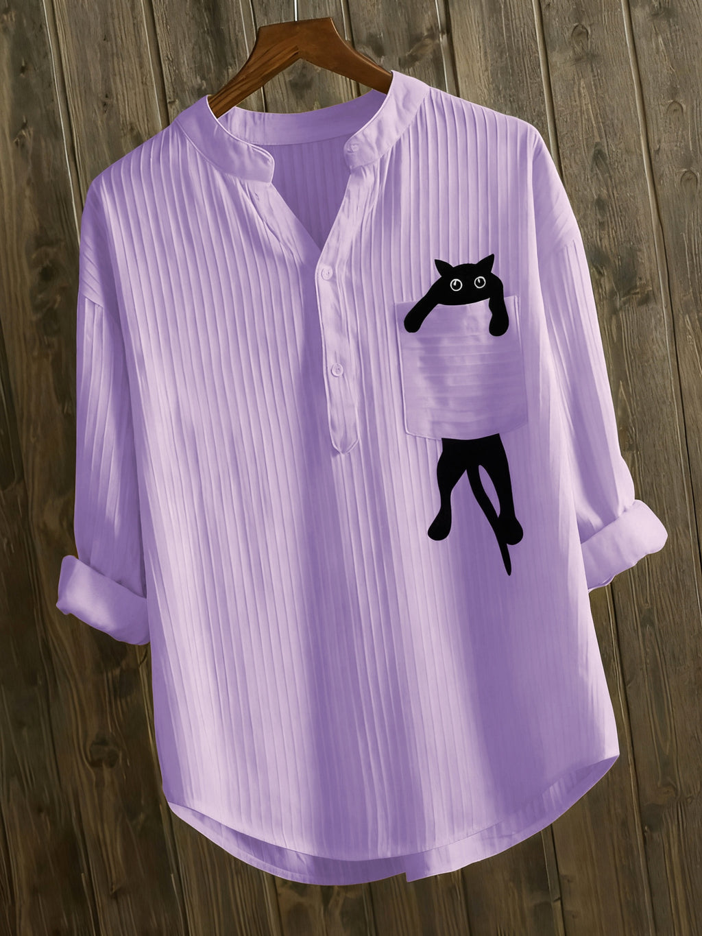 Elziraelen | Damesblouse met geborduurde kat op de zak – puur witte casual blouse met opstaande kraag