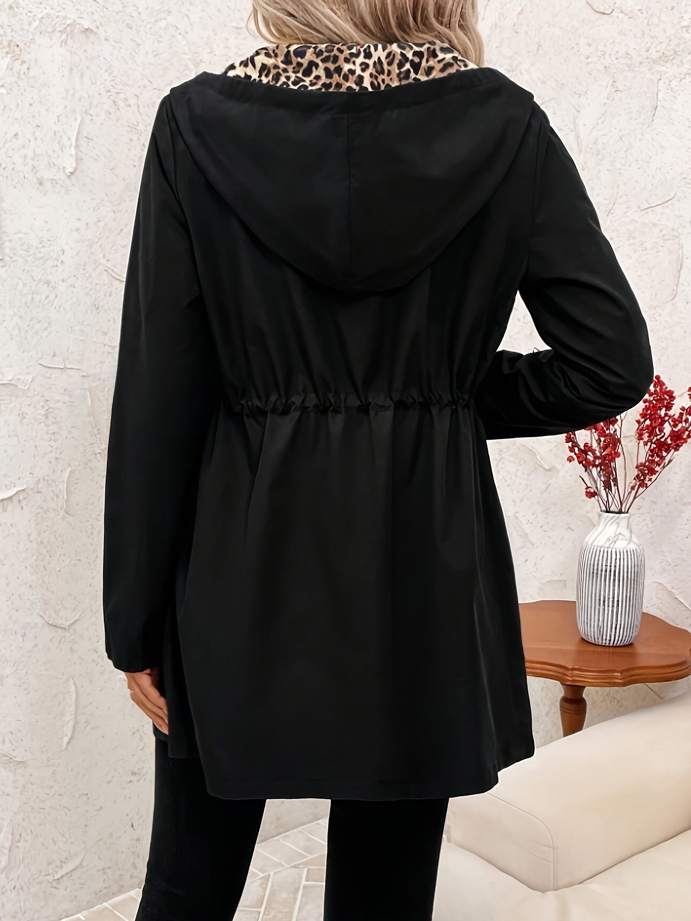 Olivienne | Manteau femme à capuche réversible - imprimé léopard et fermeture éclair noire unie, manteau long décontracté