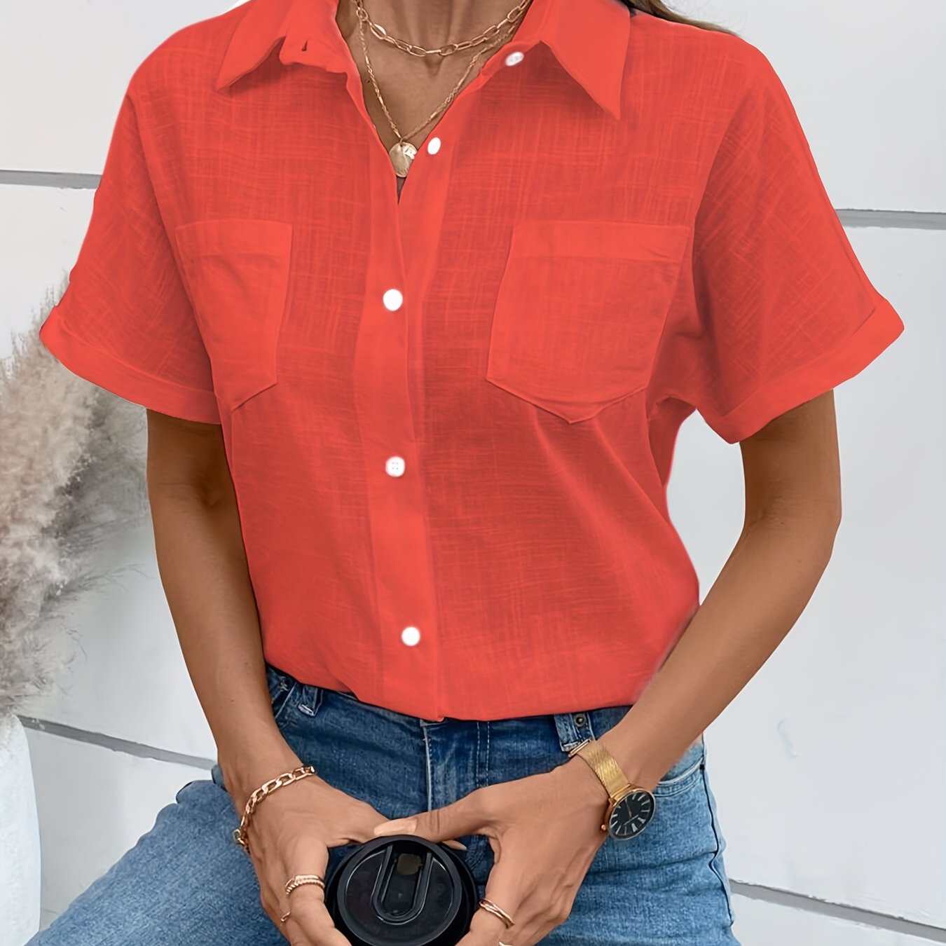 Yvessa | Damesblouse met dubbele zakken en slubstof – Casual shirt met korte mouwen en losse pasvorm