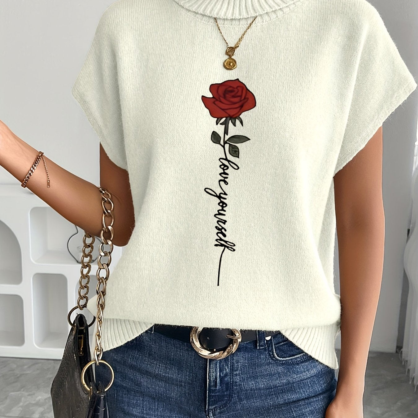 Ienira | Trendy Dames Mouwloos Gebreid Vest met Rozenprint – Losvallende Zomerse Casual Top