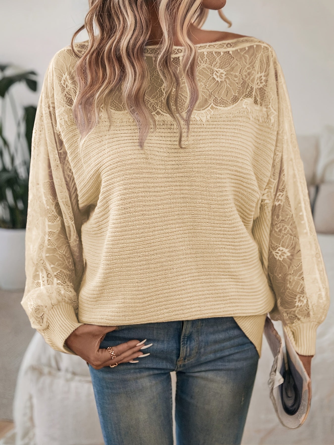 Tavielle | Dames Patchwork Kant Trui – Pullover met Boothals en Batwing Mouwen