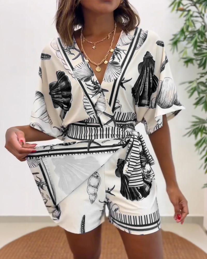 Lyrithia | Jumpsuit met V-hals en strandprint voor dames – Korte zomerjumpsuit