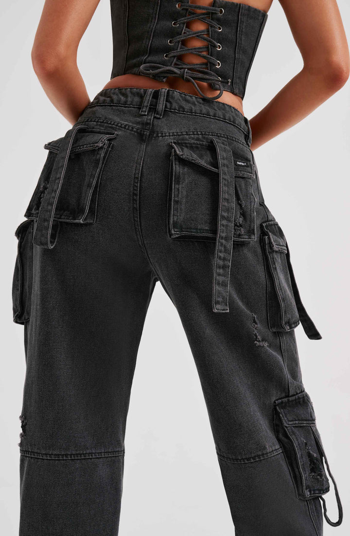 Kina | Dames denim cargo jeans – Hoge taille wijde pijp utility broek, casual streetwear denim broek