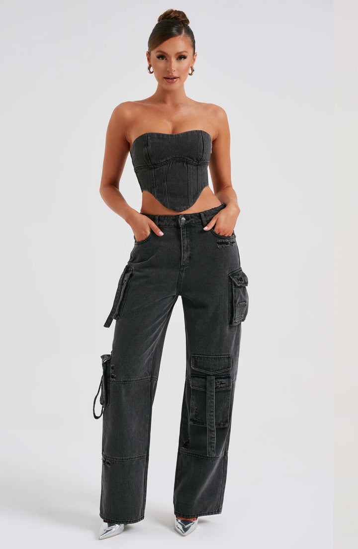 Kina | Dames denim cargo jeans – Hoge taille wijde pijp utility broek, casual streetwear denim broek