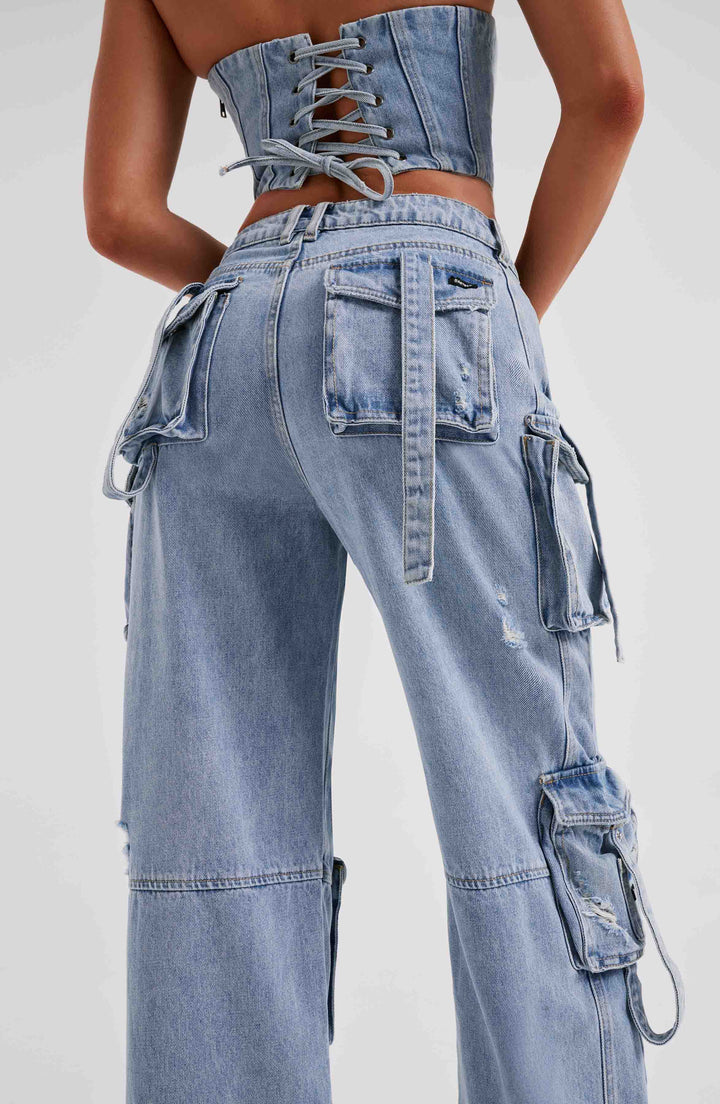 Kina | Dames denim cargo jeans – Hoge taille wijde pijp utility broek, casual streetwear denim broek