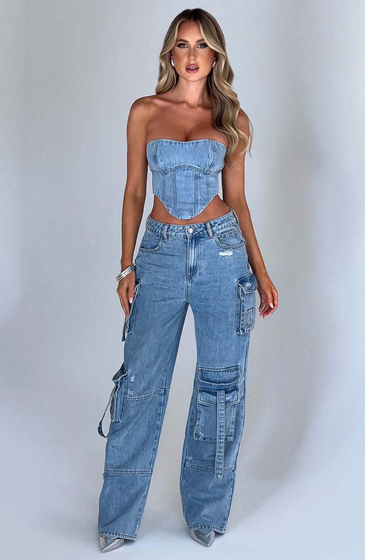 Kina | Dames denim cargo jeans – Hoge taille wijde pijp utility broek, casual streetwear denim broek