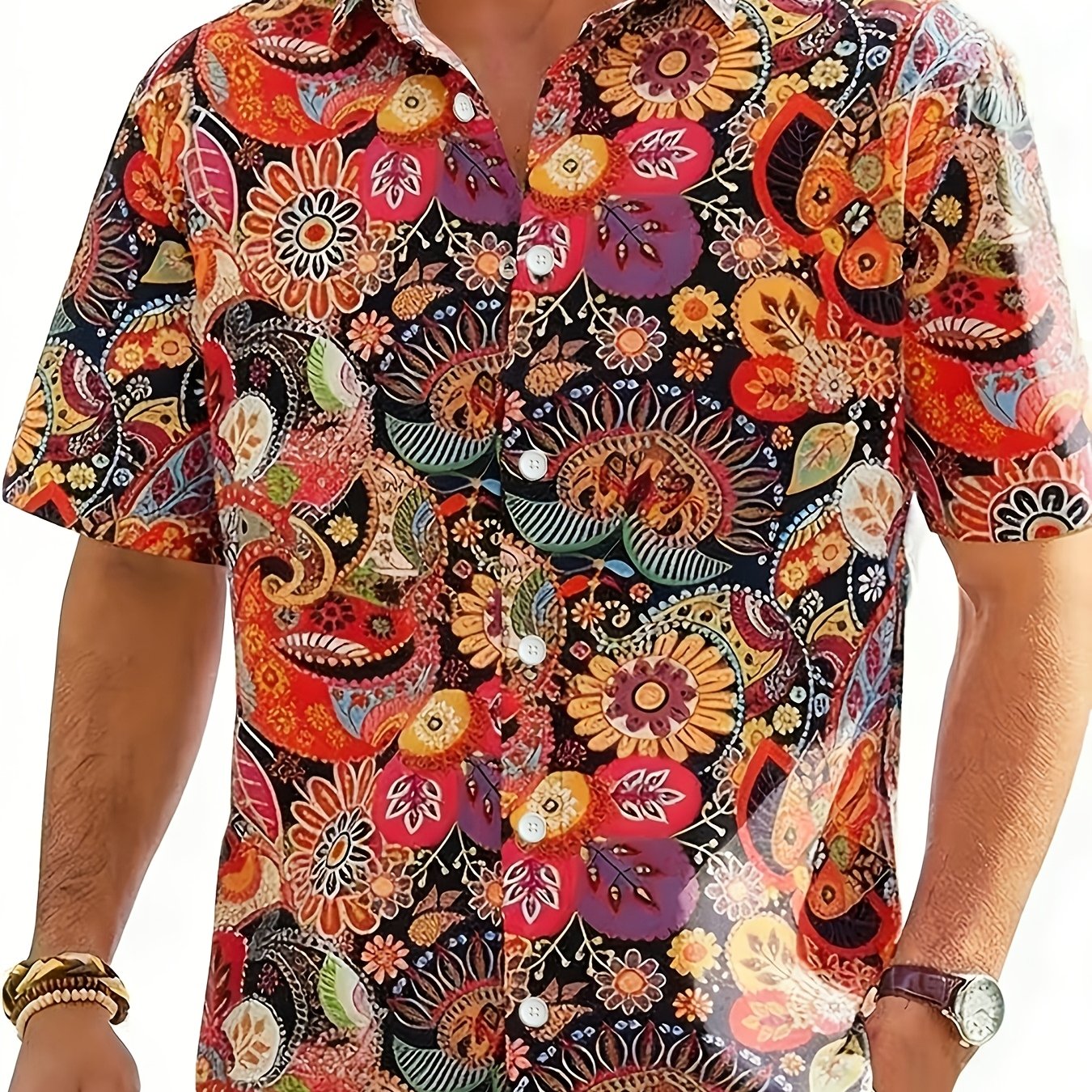 Geno | Heren bladprint overhemd – korte mouwen vakantie shirt