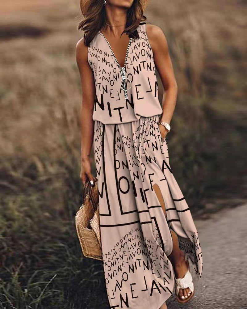 Avyelle | Dames Vloeiende Maxi-jurk – Mouwloze Casual Zomerjurk met Halve Rits