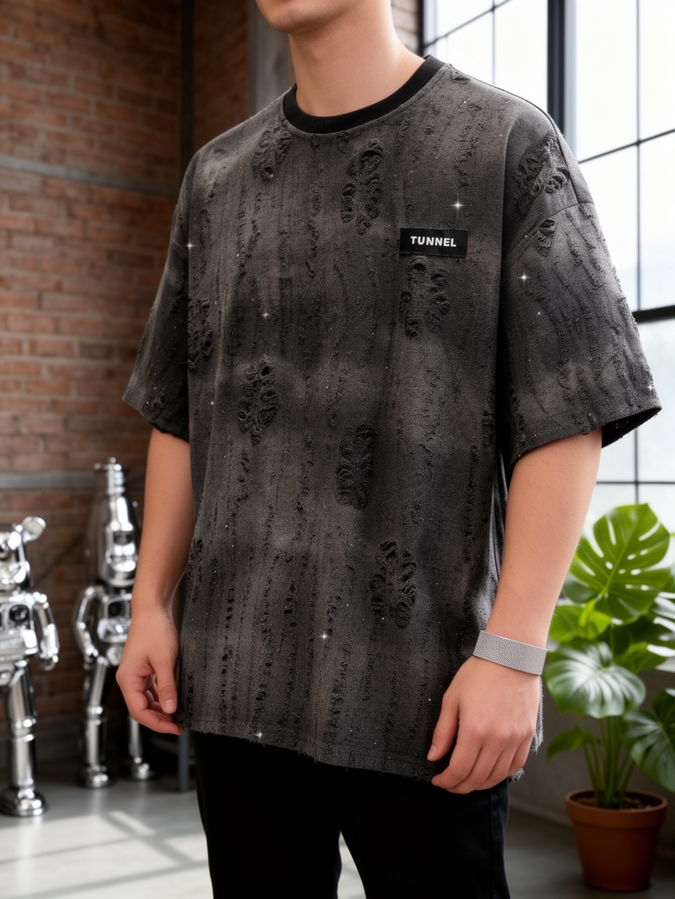 Xyvor | Zwart T-shirt met korte mouwen en structuur voor heren – casual streetwear-T-shirt