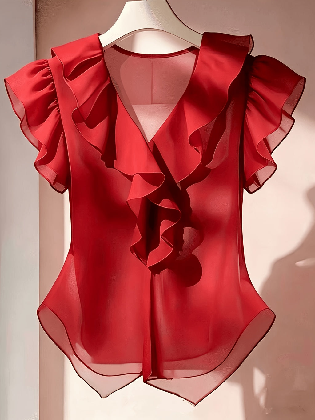 Vaenyra | Damesblouse in Franse stijl van chiffon – effen kleur met ruches en korte mouwen