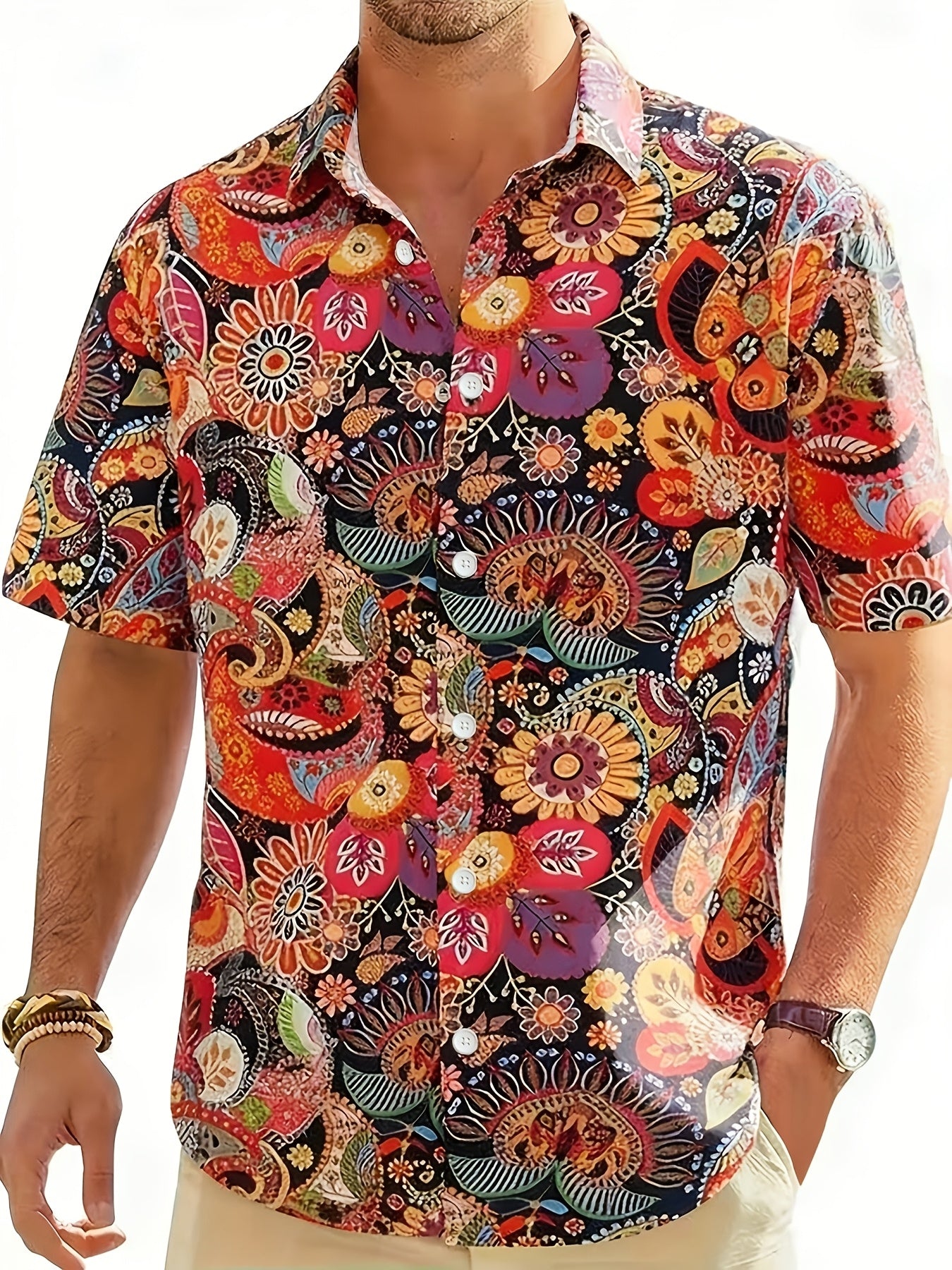 Geno | Heren bladprint overhemd – korte mouwen vakantie shirt