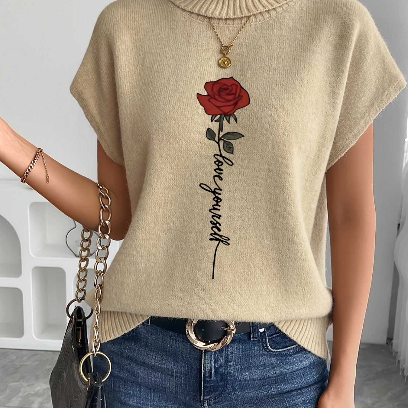 Ienira | Trendy Dames Mouwloos Gebreid Vest met Rozenprint – Losvallende Zomerse Casual Top