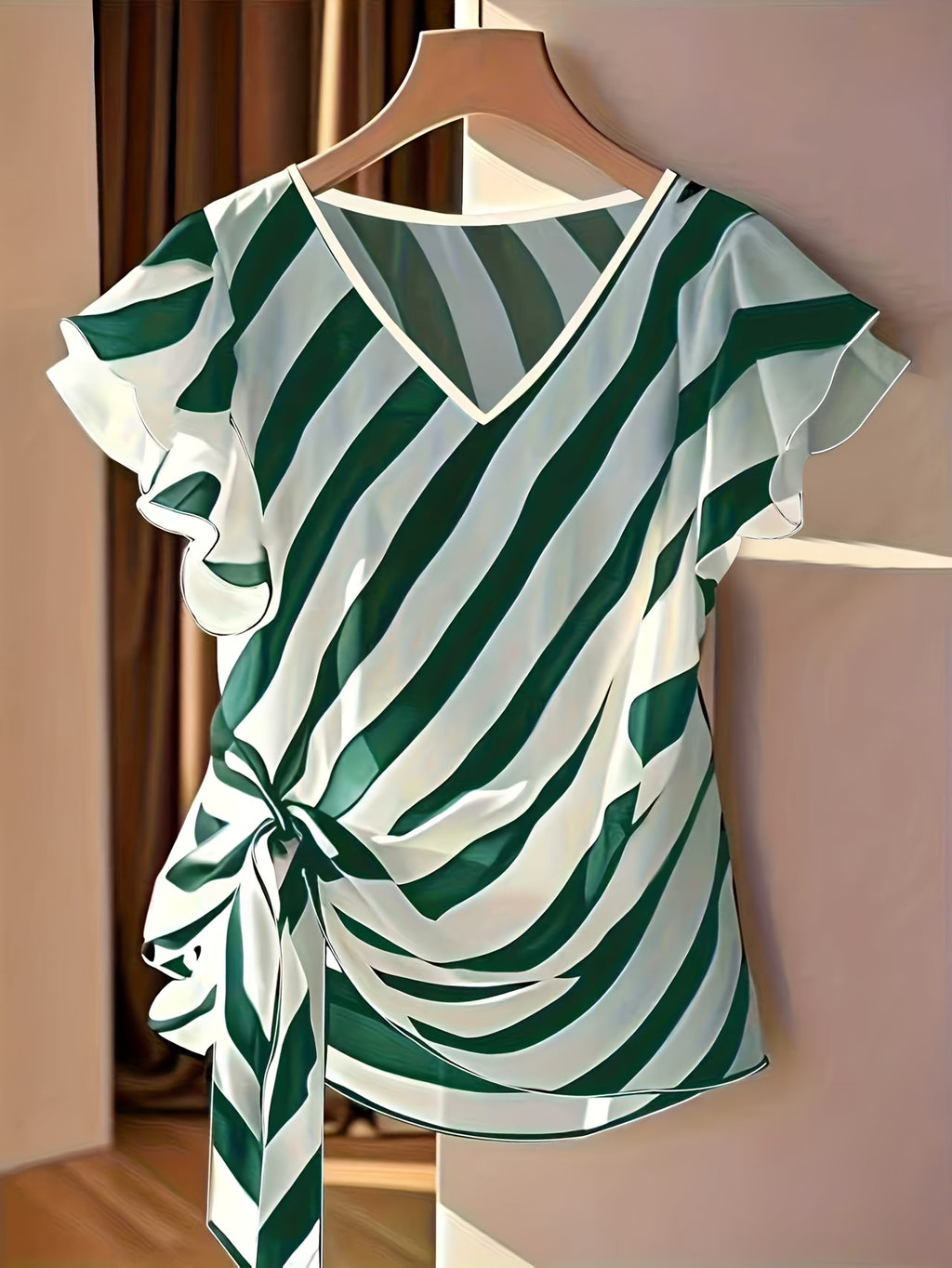 Jiya | Gestreepte zomerblouse voor dames met V-hals, strik in de taille en ruches aan de mouwen