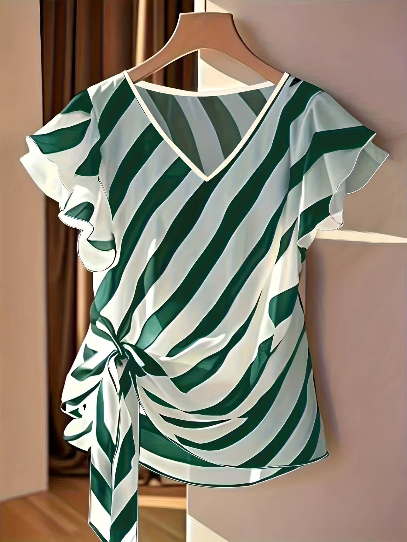 Jiya | Gestreepte zomerblouse voor dames met V-hals, strik in de taille en ruches aan de mouwen
