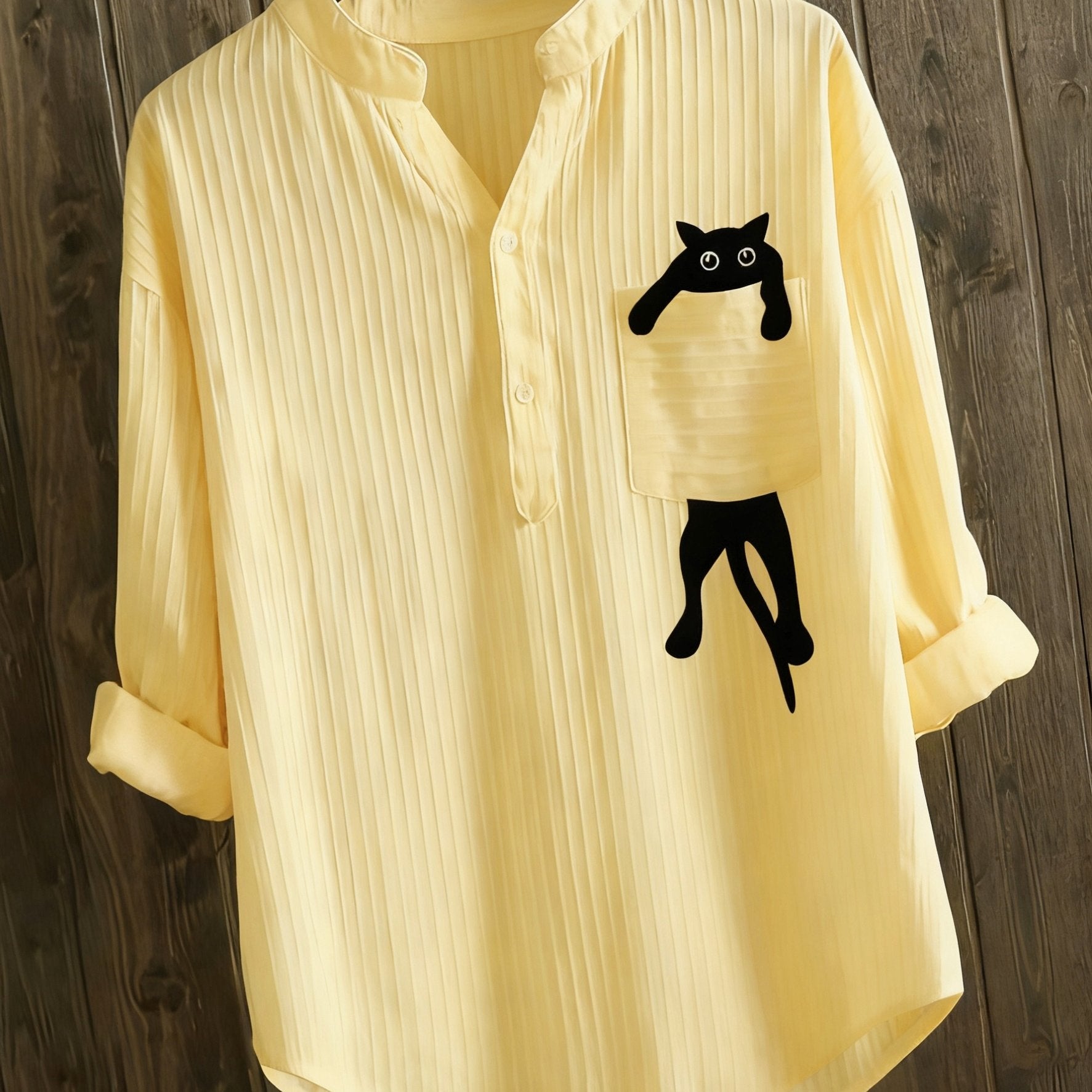 Elziraelen | Damesblouse met geborduurde kat op de zak – puur witte casual blouse met opstaande kraag