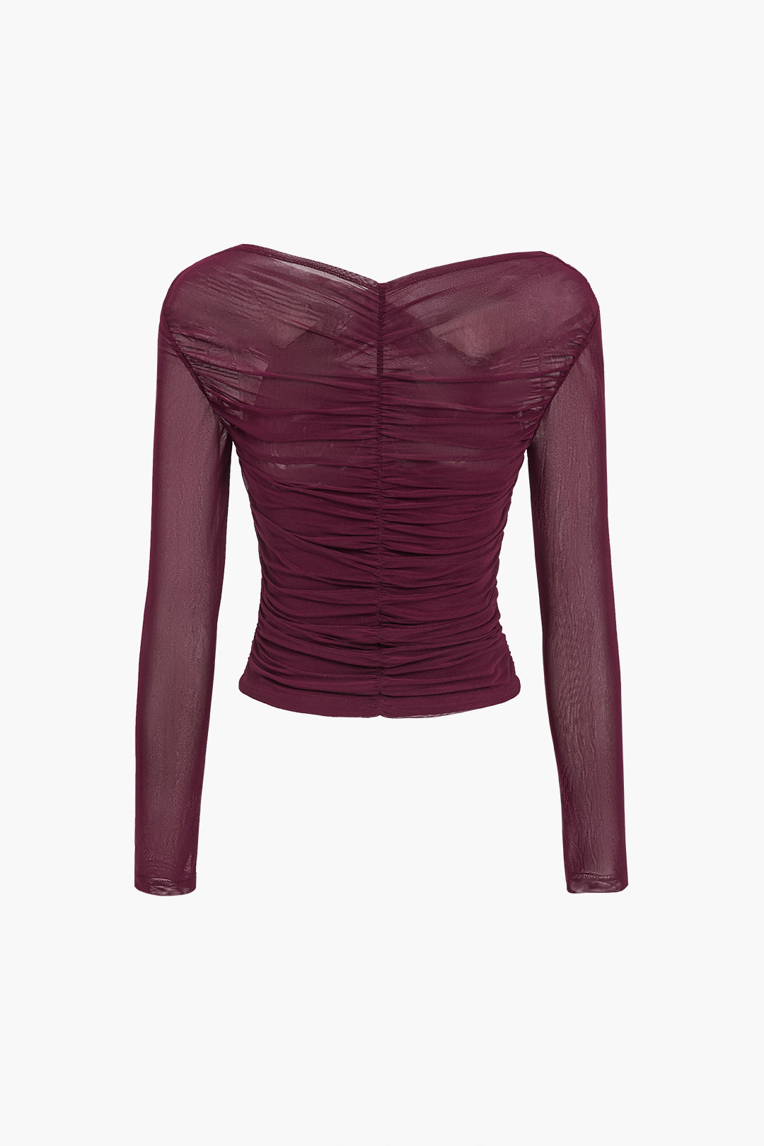 Evira | Damesblouse van mesh met ruches – Doorschijnende stretchtop met lange mouwen