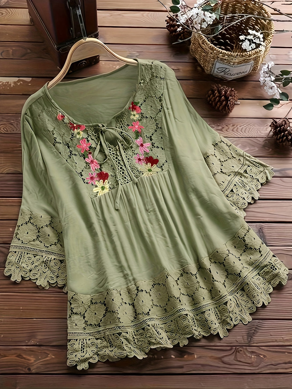 Elarona | Damesblouse met kanten patchwork – Lente/zomer-top met lange mouwen