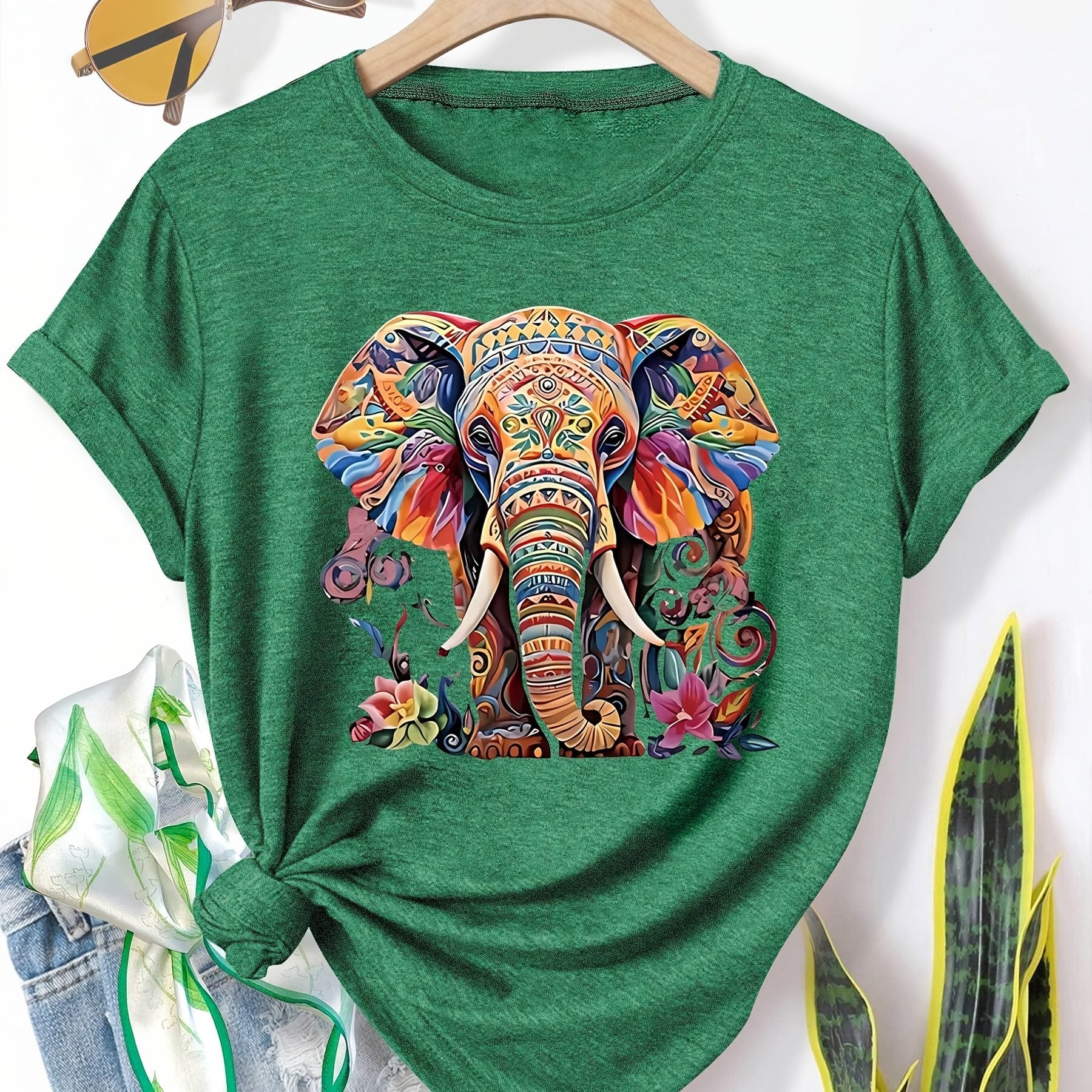 Menya | Dames-T-shirt met olifantenprint – Casual T-shirt in retrostijl met ronde hals en korte mouwen