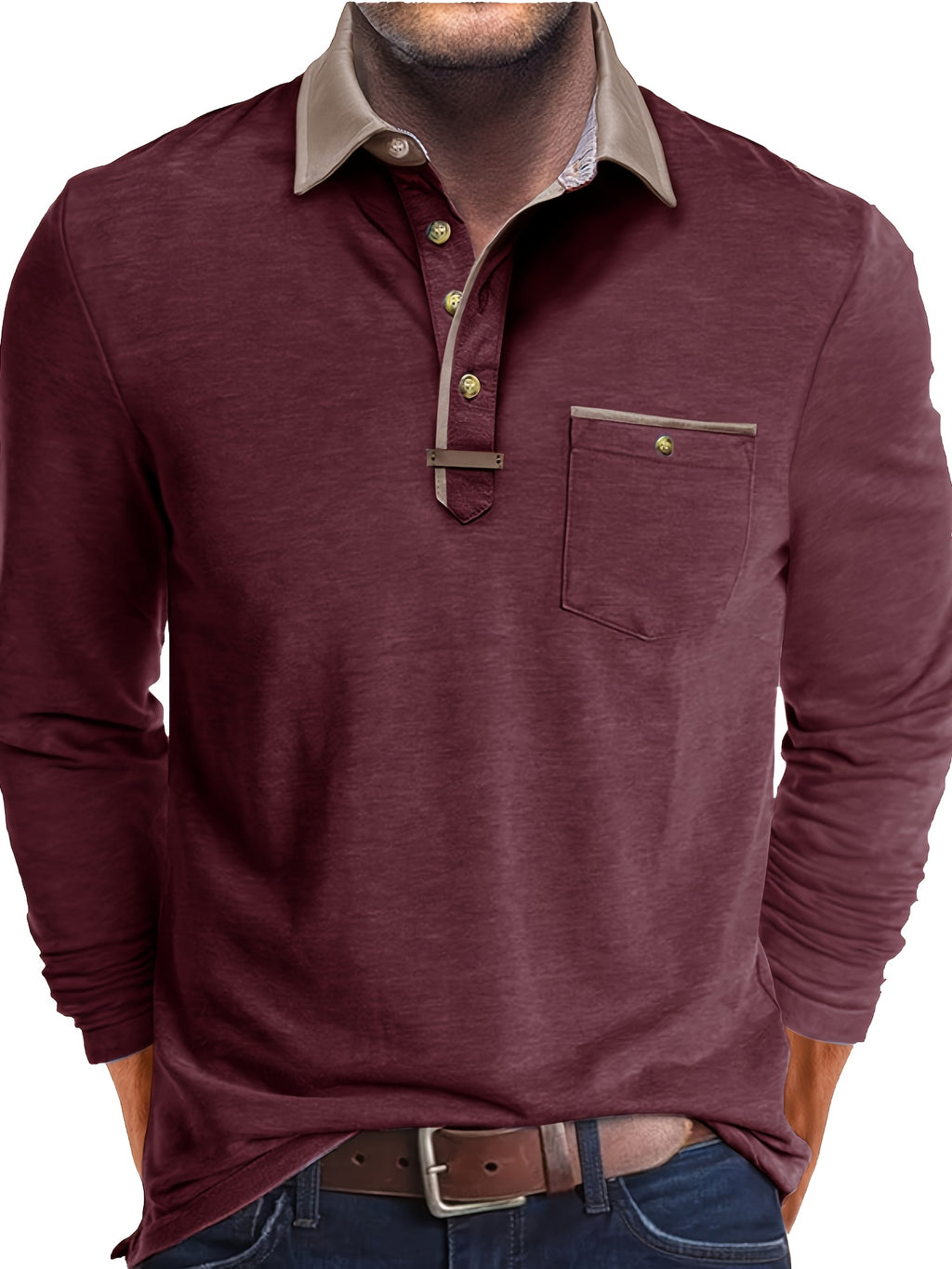 Paulo | Polo homme à manches longues – Henley décontracté avec col color-block et poche poitrine