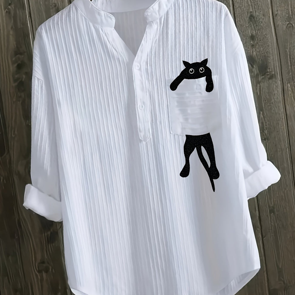 Elziraelen | Damesblouse met geborduurde kat op de zak – puur witte casual blouse met opstaande kraag