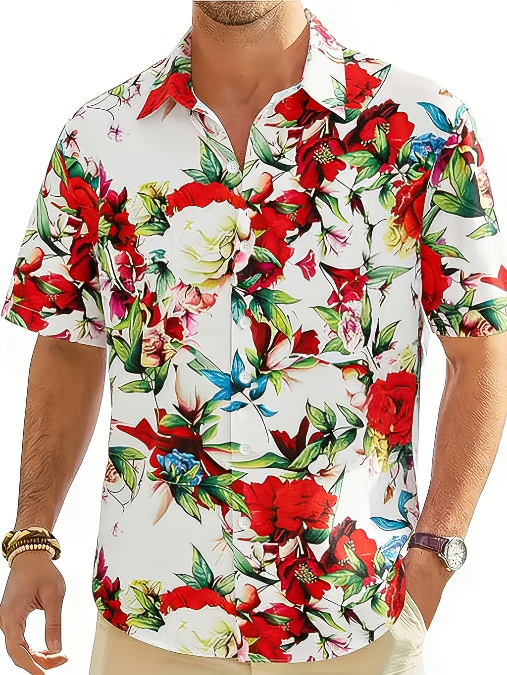 Geno | Heren bladprint overhemd – korte mouwen vakantie shirt