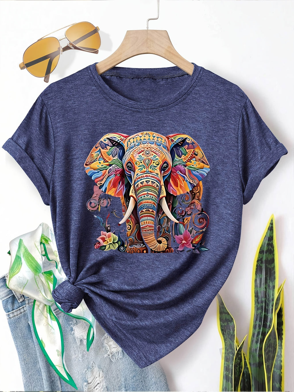 Menya | Dames-T-shirt met olifantenprint – Casual T-shirt in retrostijl met ronde hals en korte mouwen
