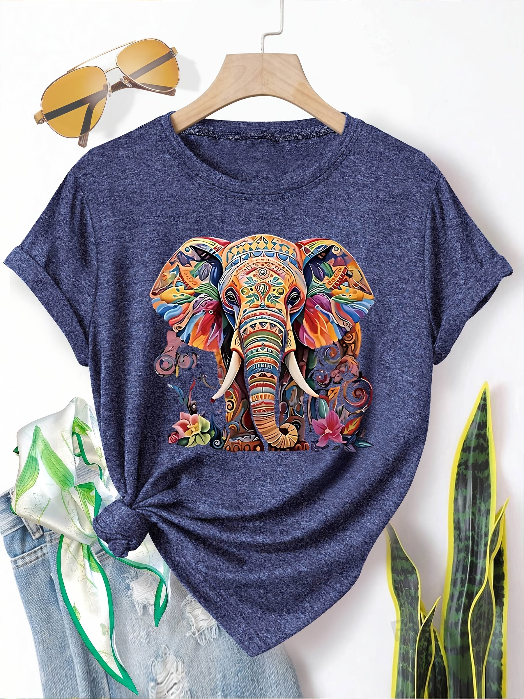 Menya | Dames-T-shirt met olifantenprint – Casual T-shirt in retrostijl met ronde hals en korte mouwen