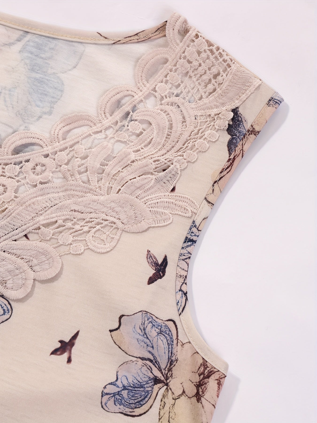 Iravina | Dames-T-shirt met bloemenprint en patchwork van kant, ronde hals, mouwloos