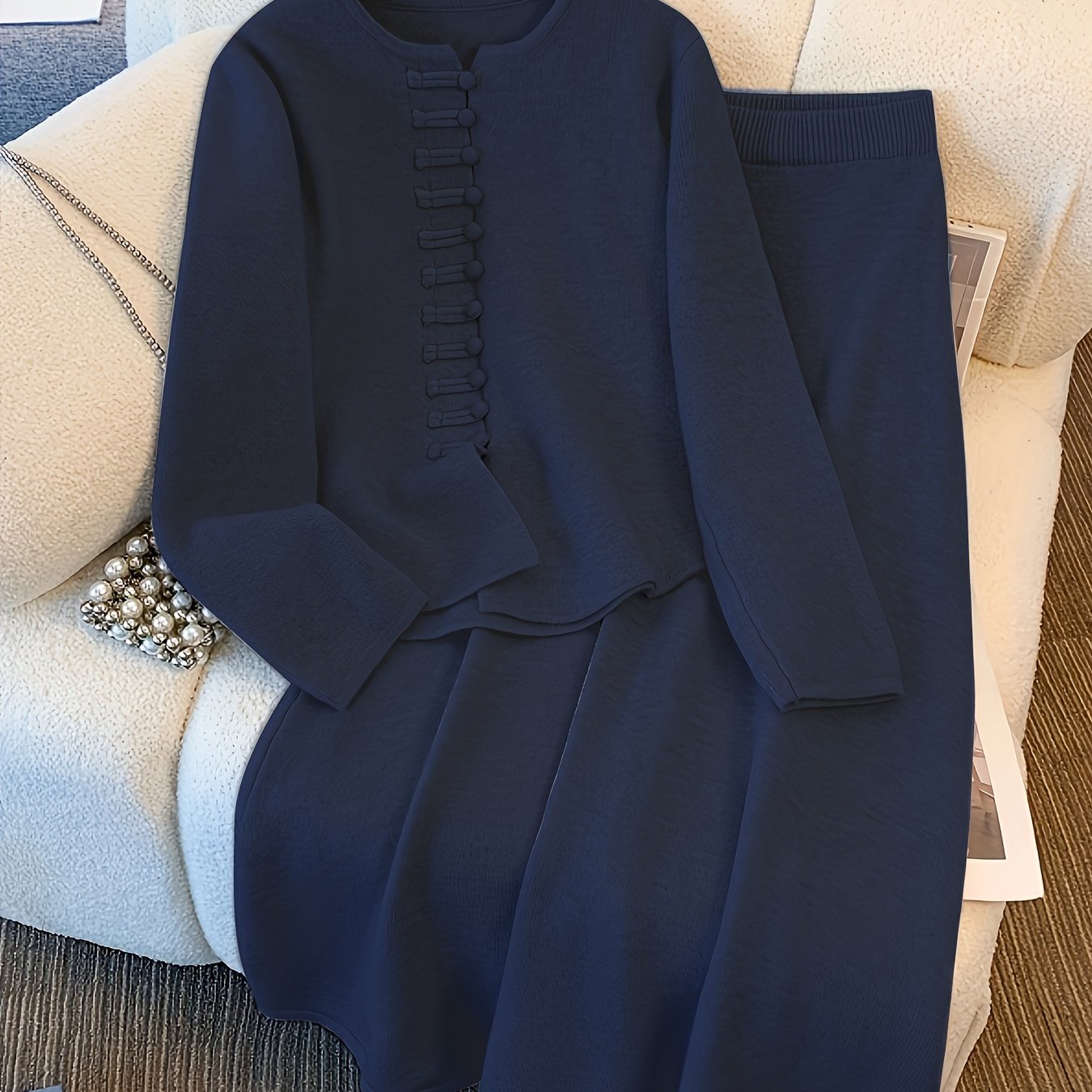 Sylindra | Dames herfst-winter tweedelige set – losse vest-trui en halflange rok met elastische tailleband