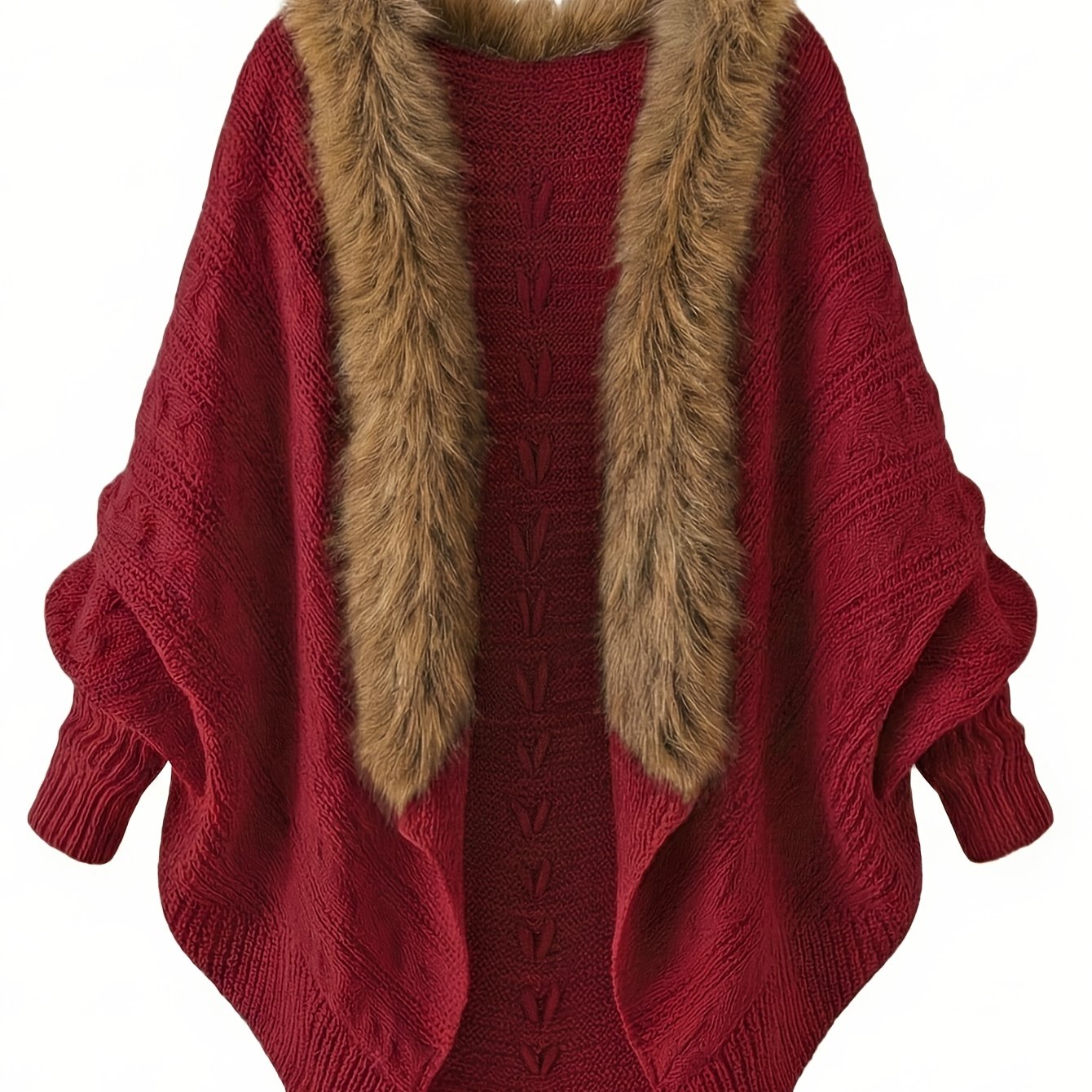Aemilia | Dikke cape-jas voor dames – met nepbontrand, kabelbreiwerk, warme herfst- en winterjas