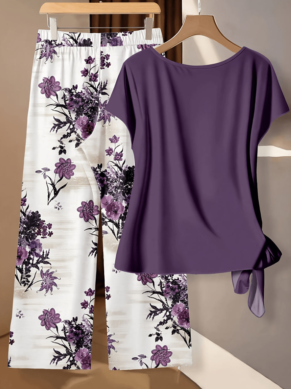 Gena | Tweedelige damesset – top met korte mouwen en bedrukte wijde broek, zomerse co-ord set