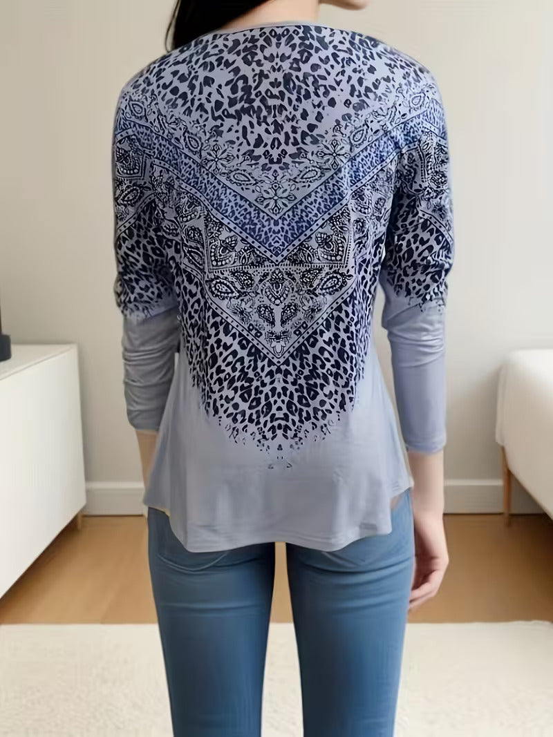 Delsa | Damesblouse met etnische print en 3/4 mouwen – Boho casual blouse