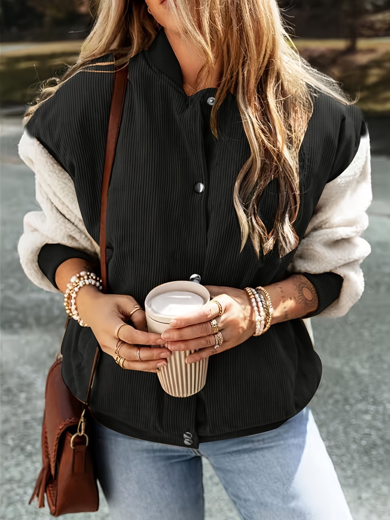 Brivienne | Elegante Jacke mit Baseballkragen und Farbblöcken, warmer Cord, Herbst-/Winterbekleidung
