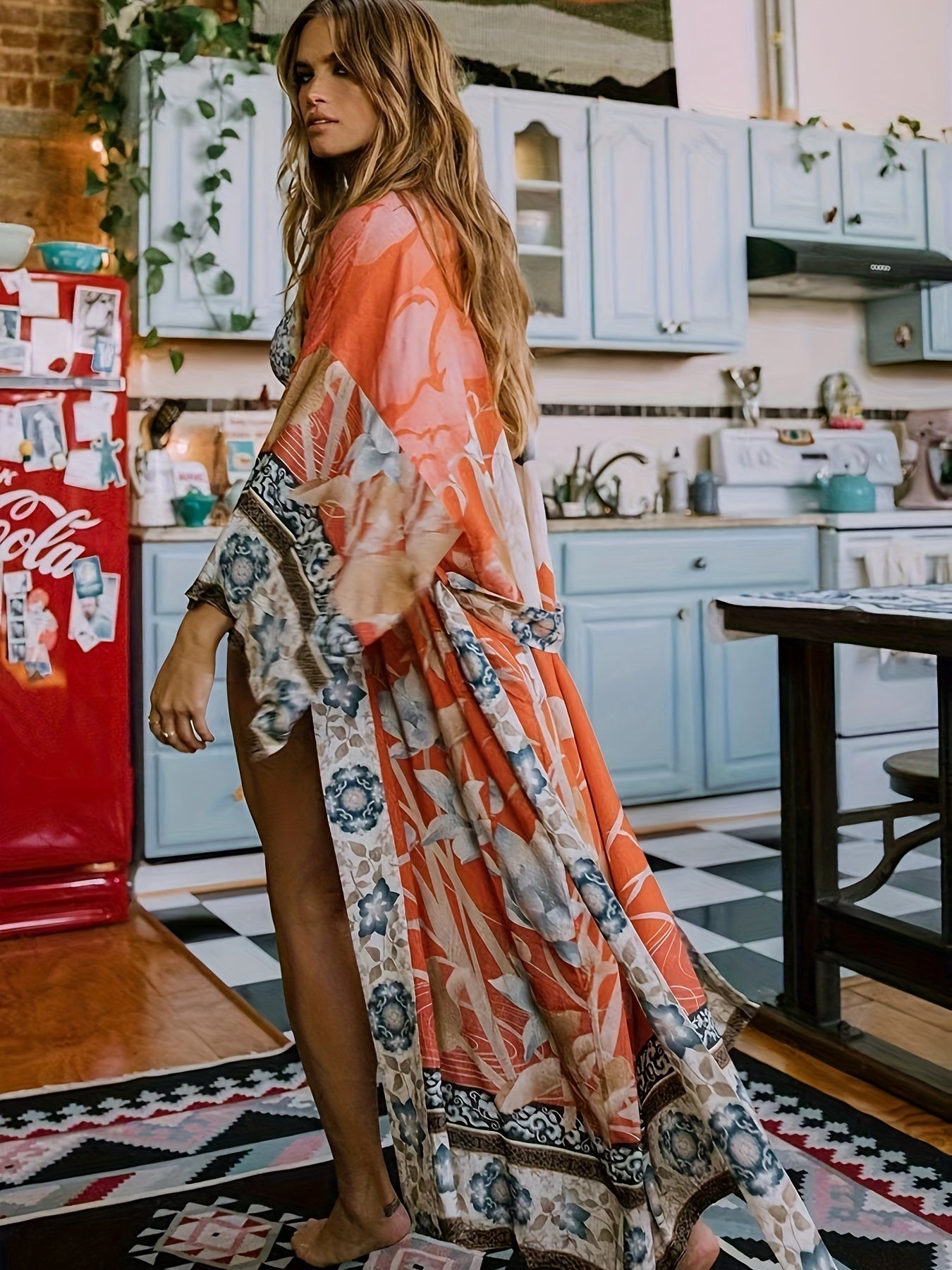 Emmeline | Kimono met bloemenprint voor dames – rode bloemen boho lichtgewicht zomer kimono cardigan