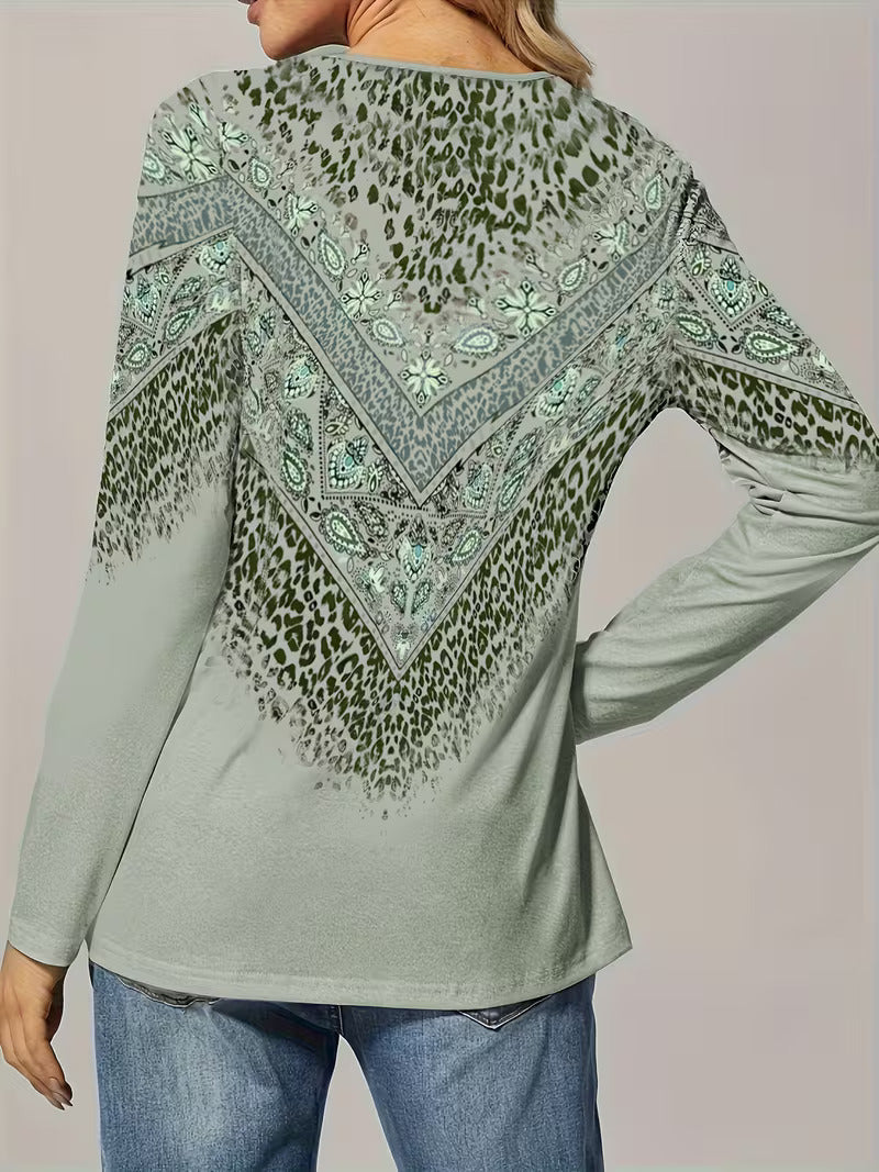 Delsa | Damesblouse met etnische print en 3/4 mouwen – Boho casual blouse