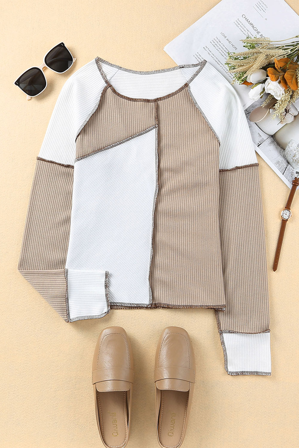 Irixella | Dames Geribde Top – Aansluitend Shirt met Asymmetrische Naden en Colorblock Afwerking