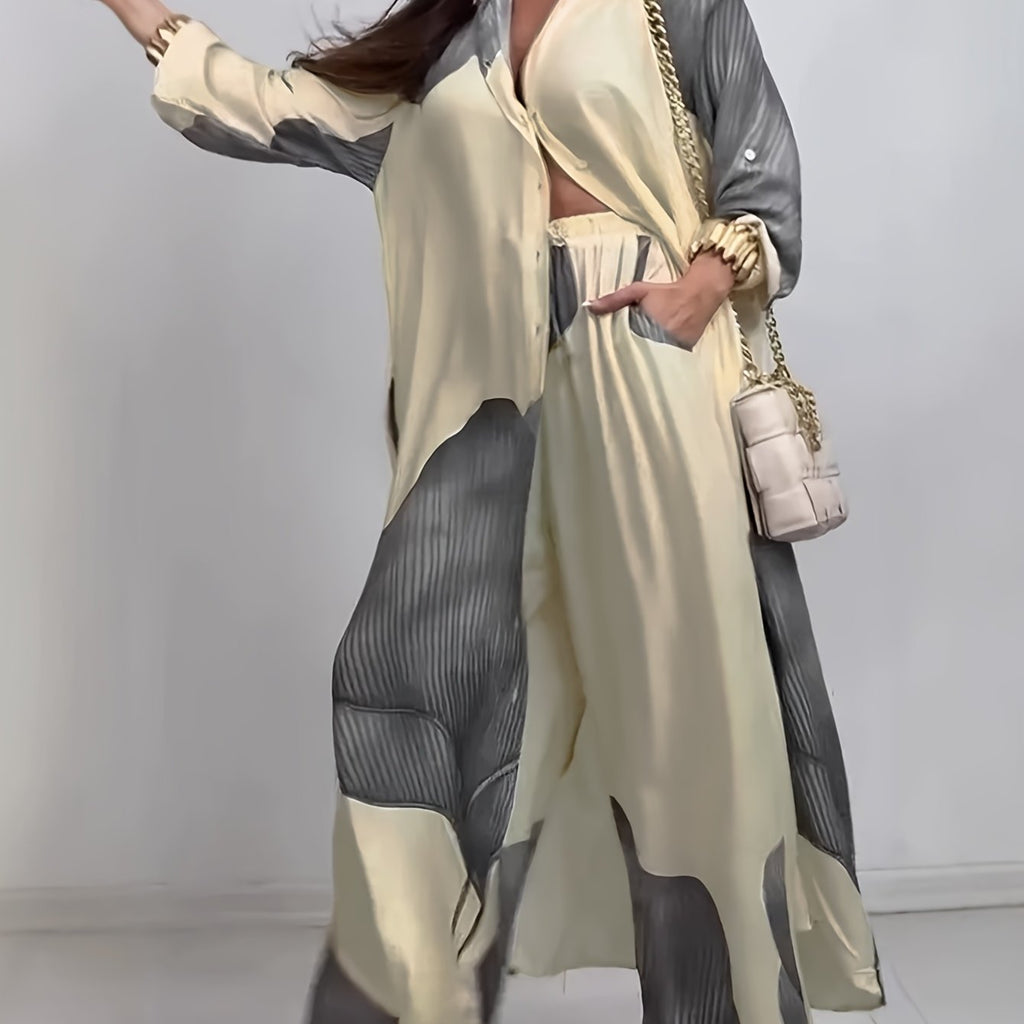 Eloria | Dames 2-delige set met print: blouse met lange mouwen en knoopsluiting & losse broek, casual lounge outfit