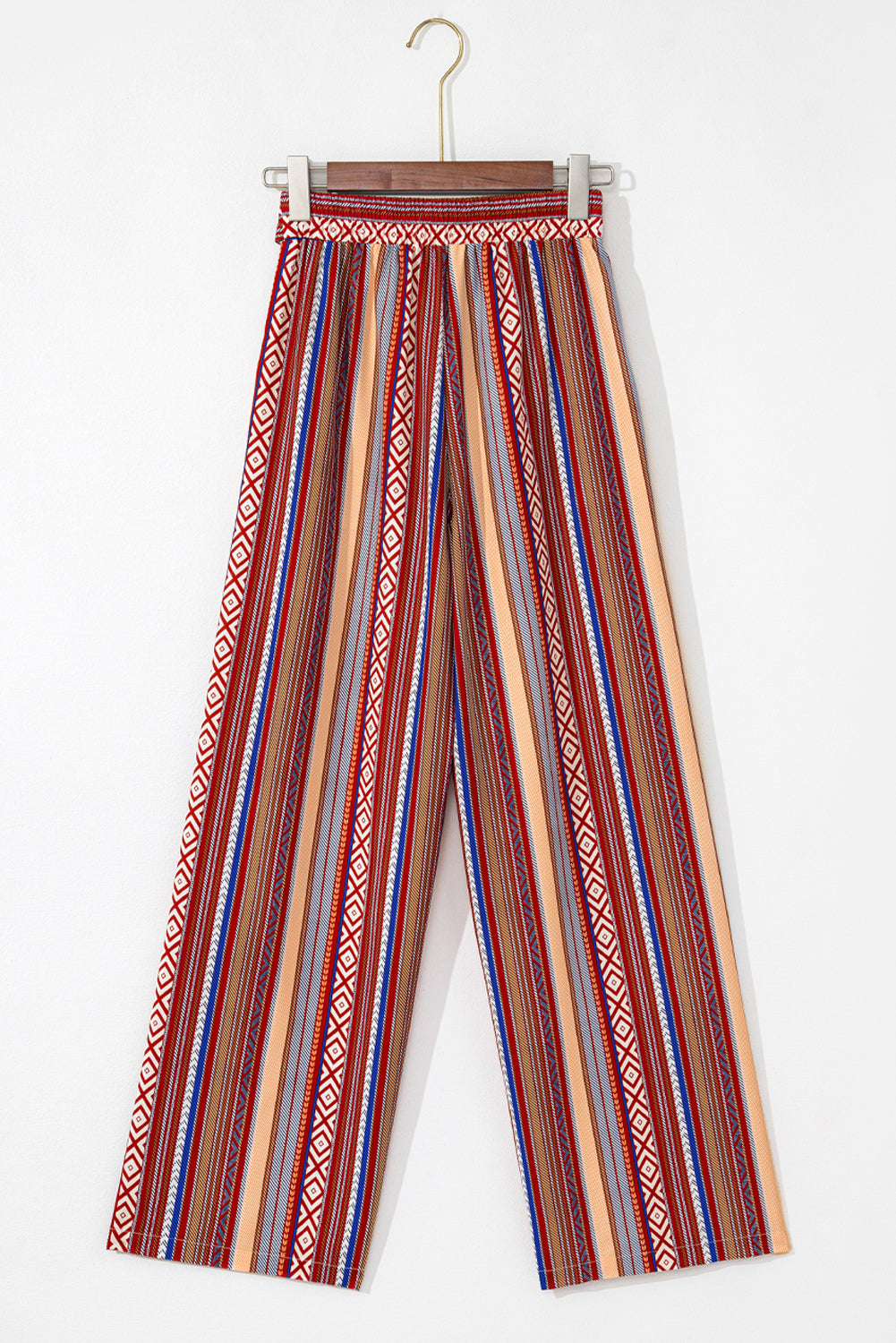 Solvaya | Rode Boho etnische gestreepte wijde broek met strikceintuur – Casual, zomer- en festivalbroek