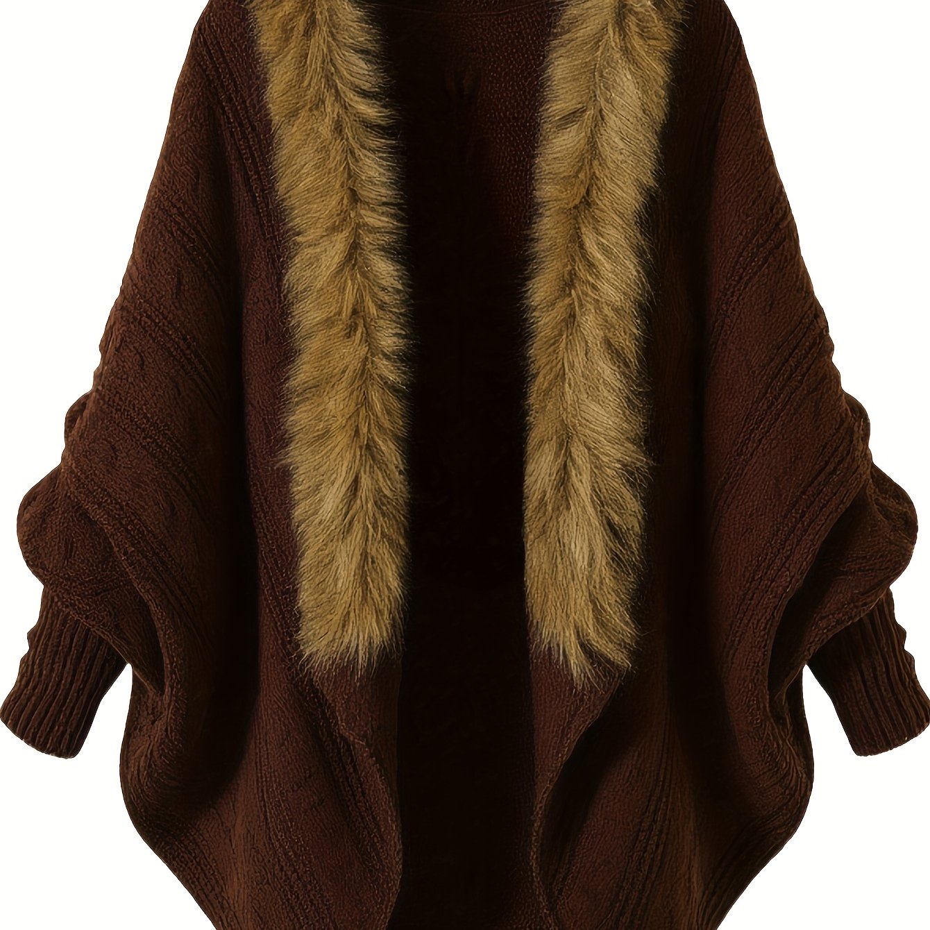 Aemilia | Dikke cape-jas voor dames – met nepbontrand, kabelbreiwerk, warme herfst- en winterjas