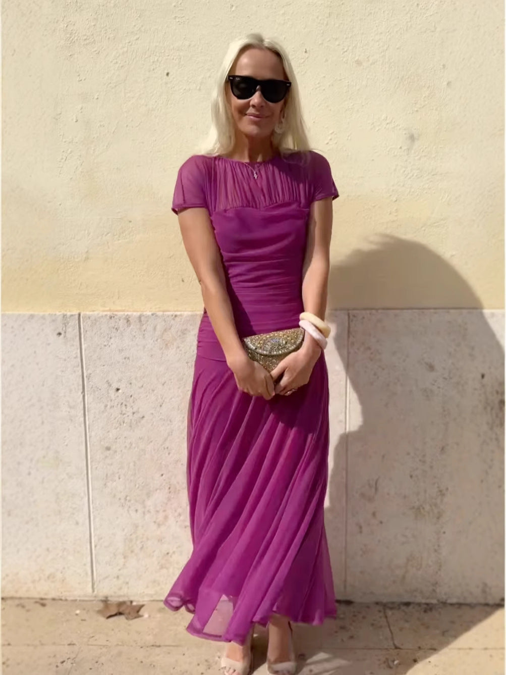 Vaelissey | Chiffonjurk voor dames – Elegante midi-jurk met ronde hals
