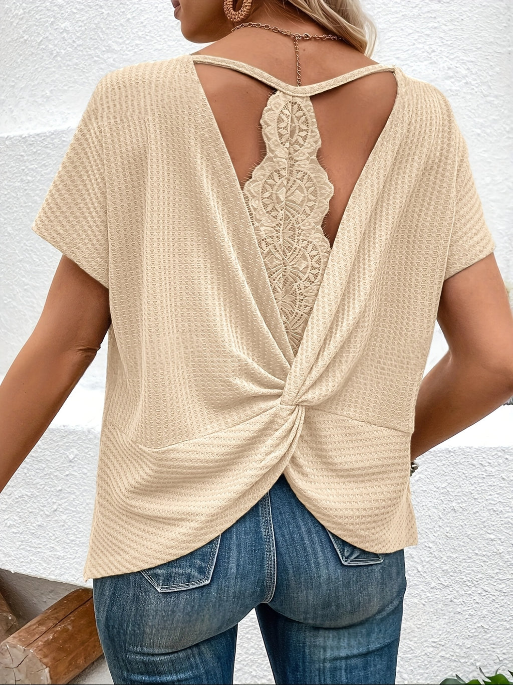 Sylphae | Damesblouse met kanten patchwork en korte mouwen